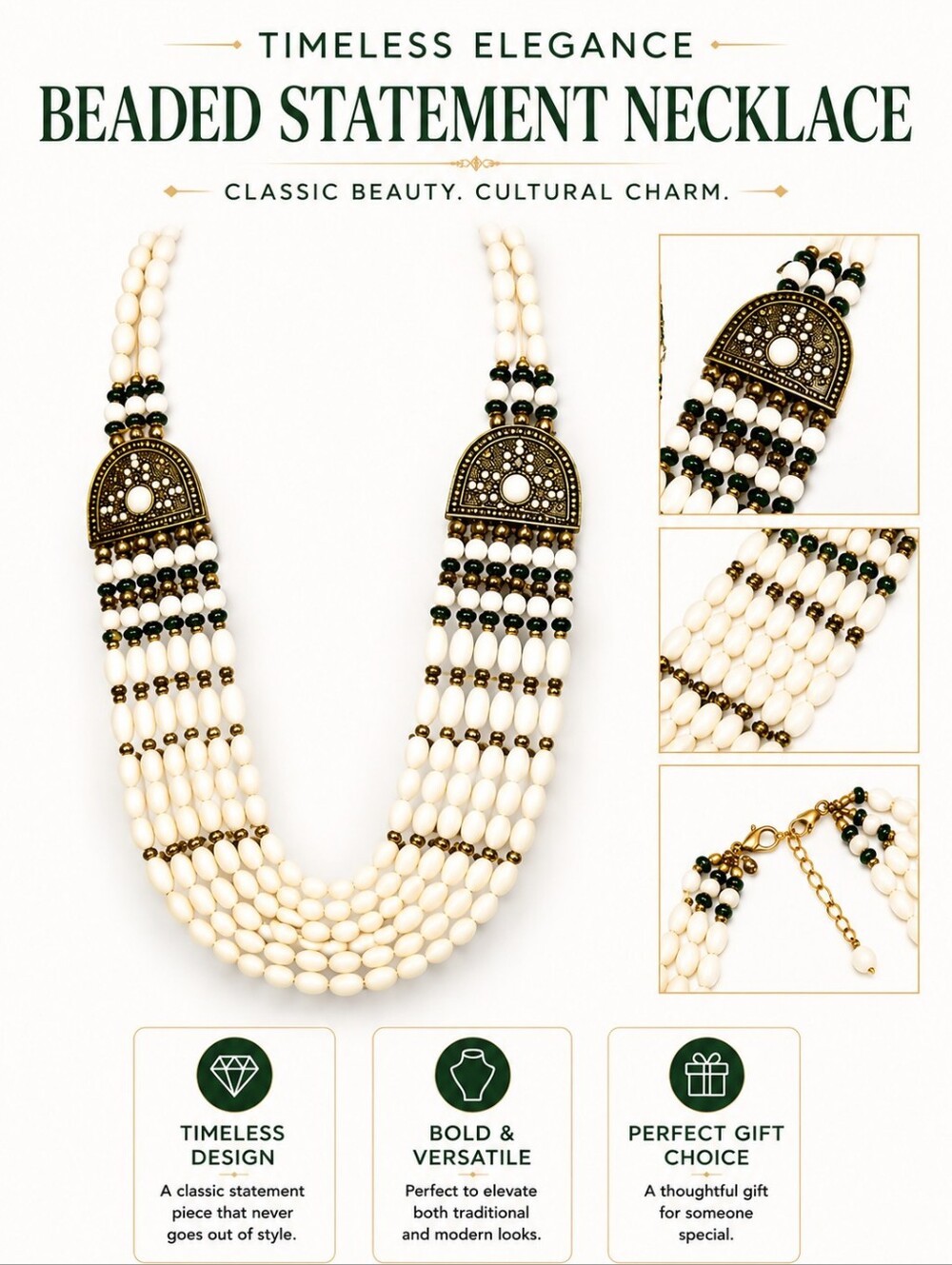 Creamish/White beaded and copper toned necklace
